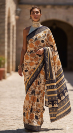Ajrakh Handblock Floral Pure Mul-Mul Saree