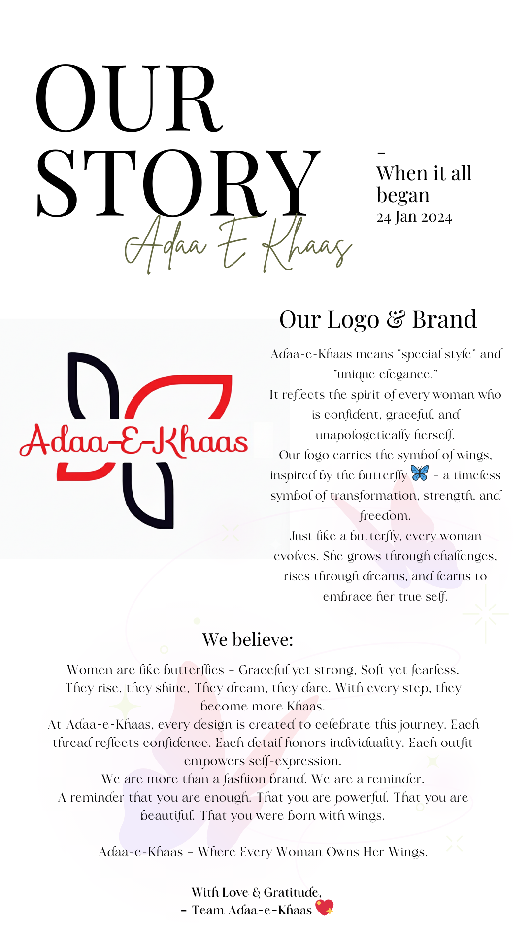 Beige Instagram story template featuring 'Our Story', butterfly logo, and empowering text about women's strength and style.