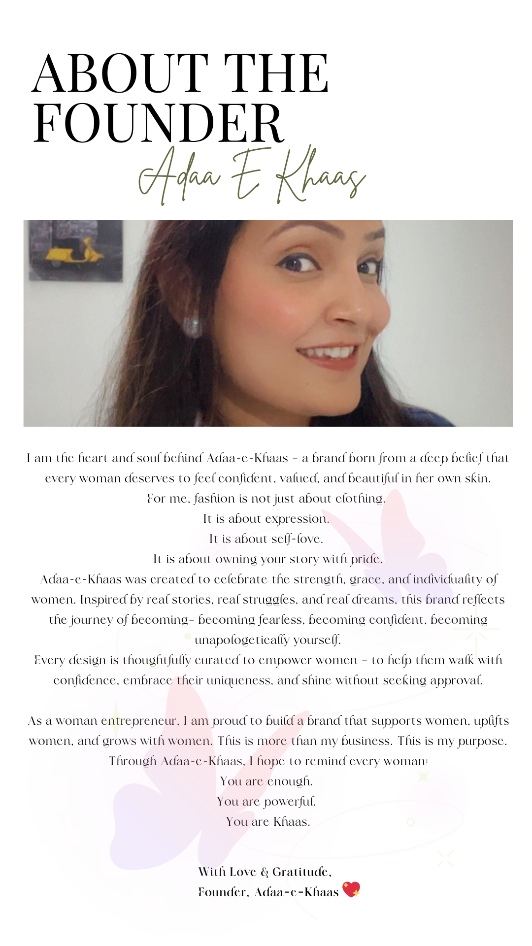 About the founder page with a smiling woman, empowering message, and Adaa E Khaas branding.
