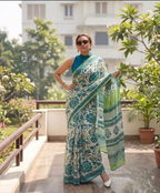 Blue Flower Pure Cotton Handblock Mul Saree