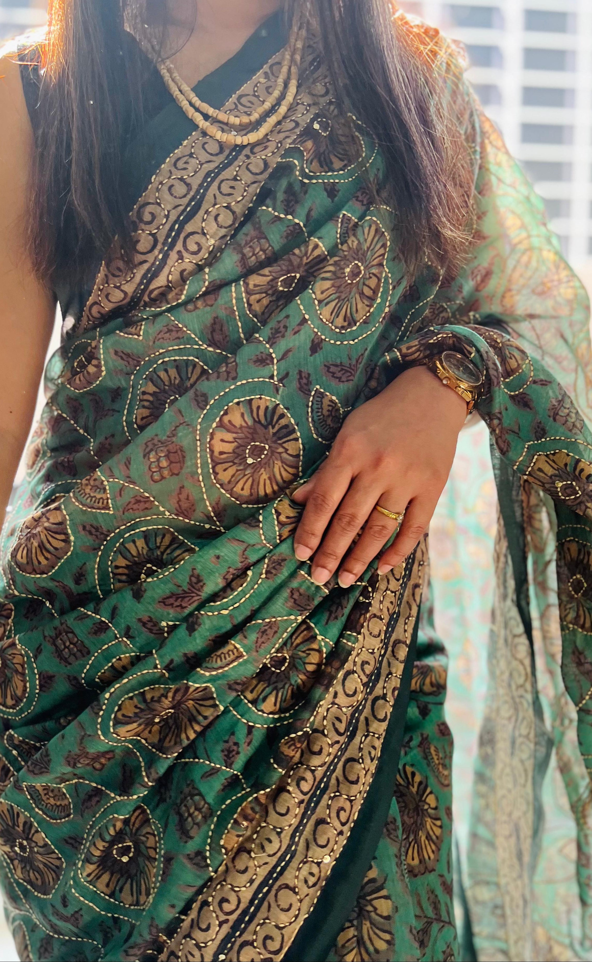 Green Kantha Work Cotton Saree