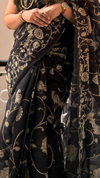 Black Kantha Work Cotton Saree