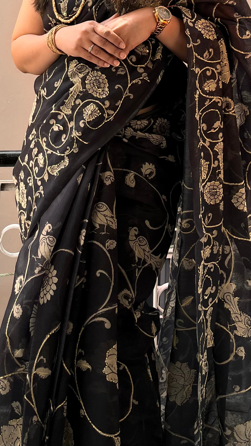 Black Kantha Work Cotton Saree