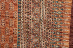 Brown ethnic fabric with intricate block print and traditional floral and geometric patterns