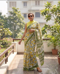 Lemon Flower Pure Cotton Handblock Mul Saree