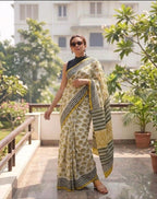 Pure Cotton Mul Mul Handblock Saree