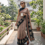 Geometrical Pure Cotton Bagru Handblock Mul Saree - Red with Black Border
