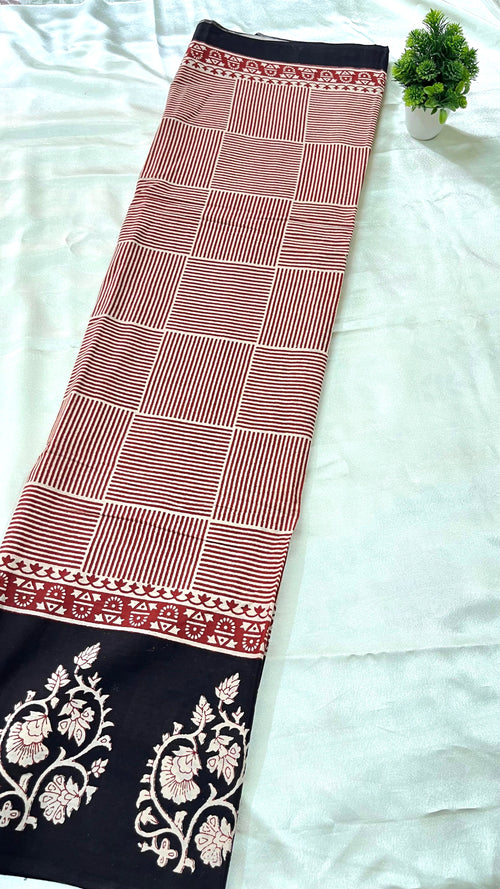 Geometrical Pure Cotton Bagru Handblock Mul Saree - Red with Black Border