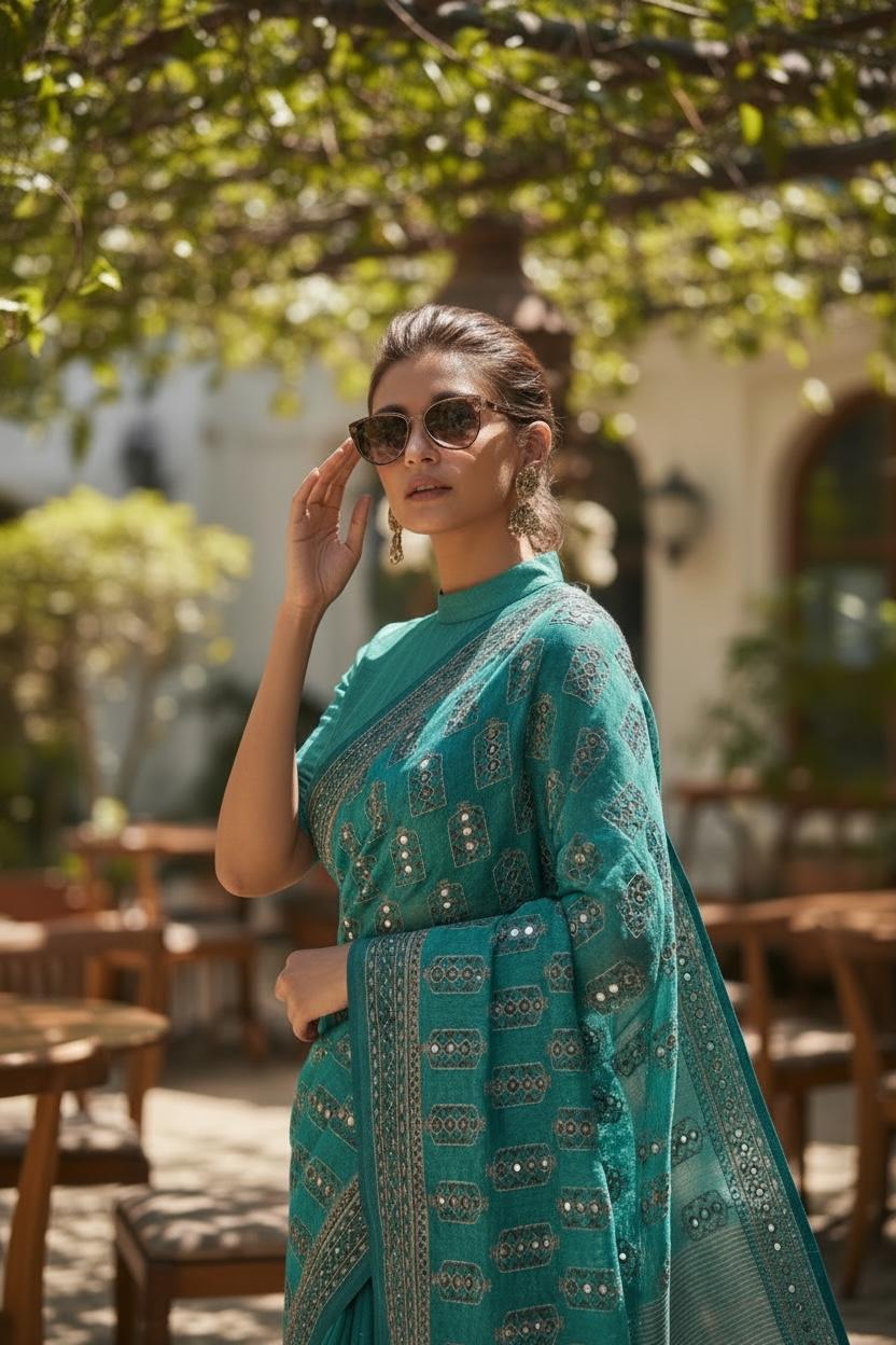 Blue Kantha Work Cotton Saree