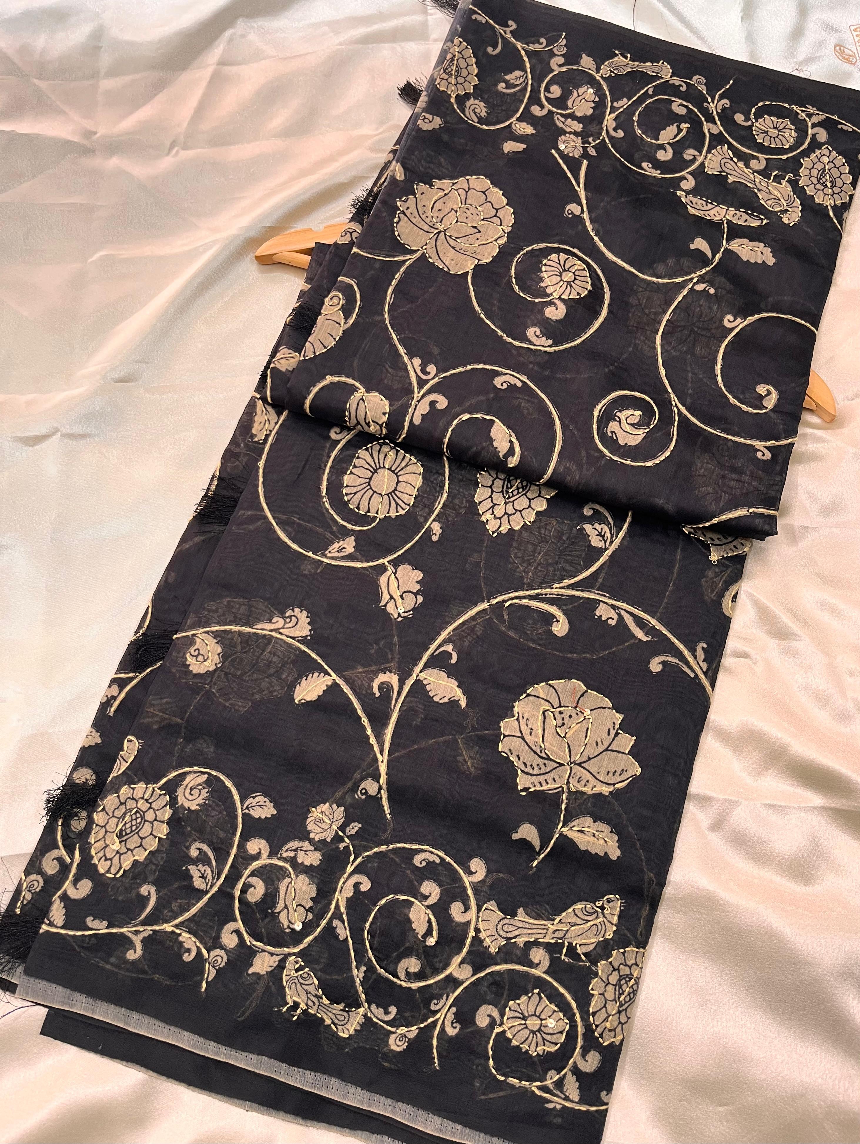 Black Kantha Work Cotton Saree