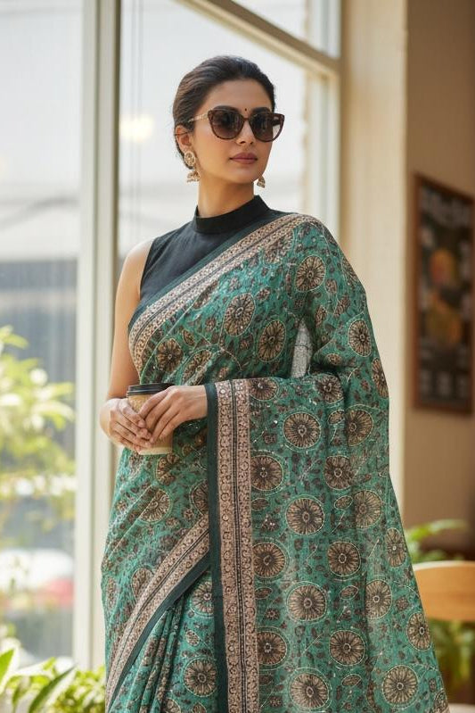 Green Kantha Work Cotton Saree