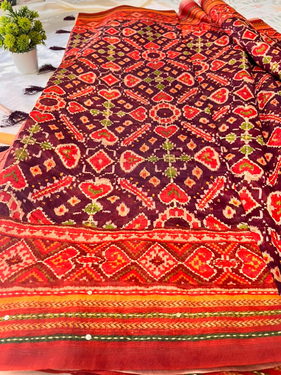 Patola Kantha Work Saree - Purple