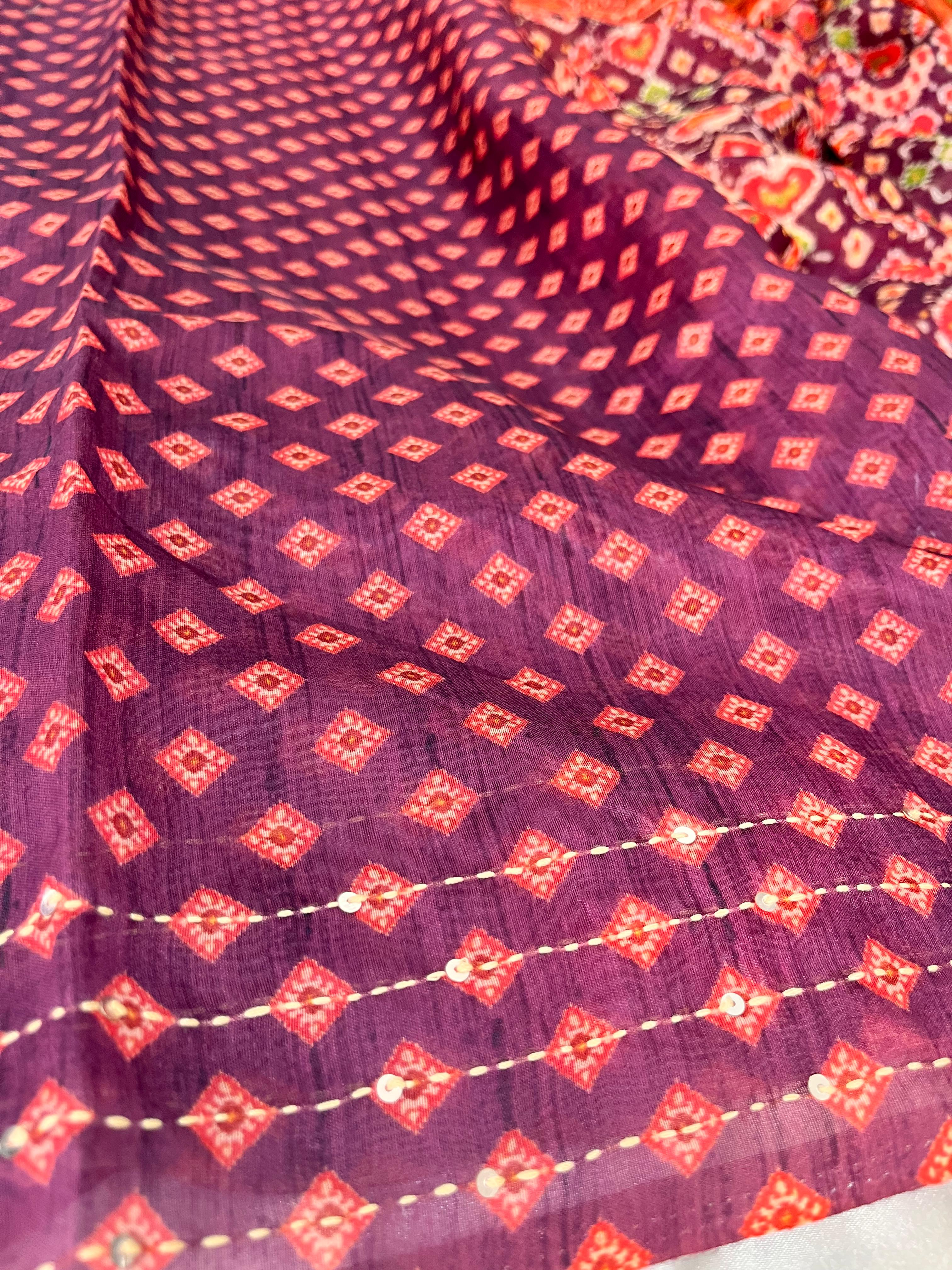 Patola Kantha Work Saree - Purple