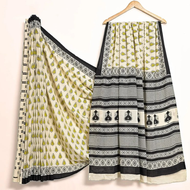 Yellow Buti Handblock Mul Saree