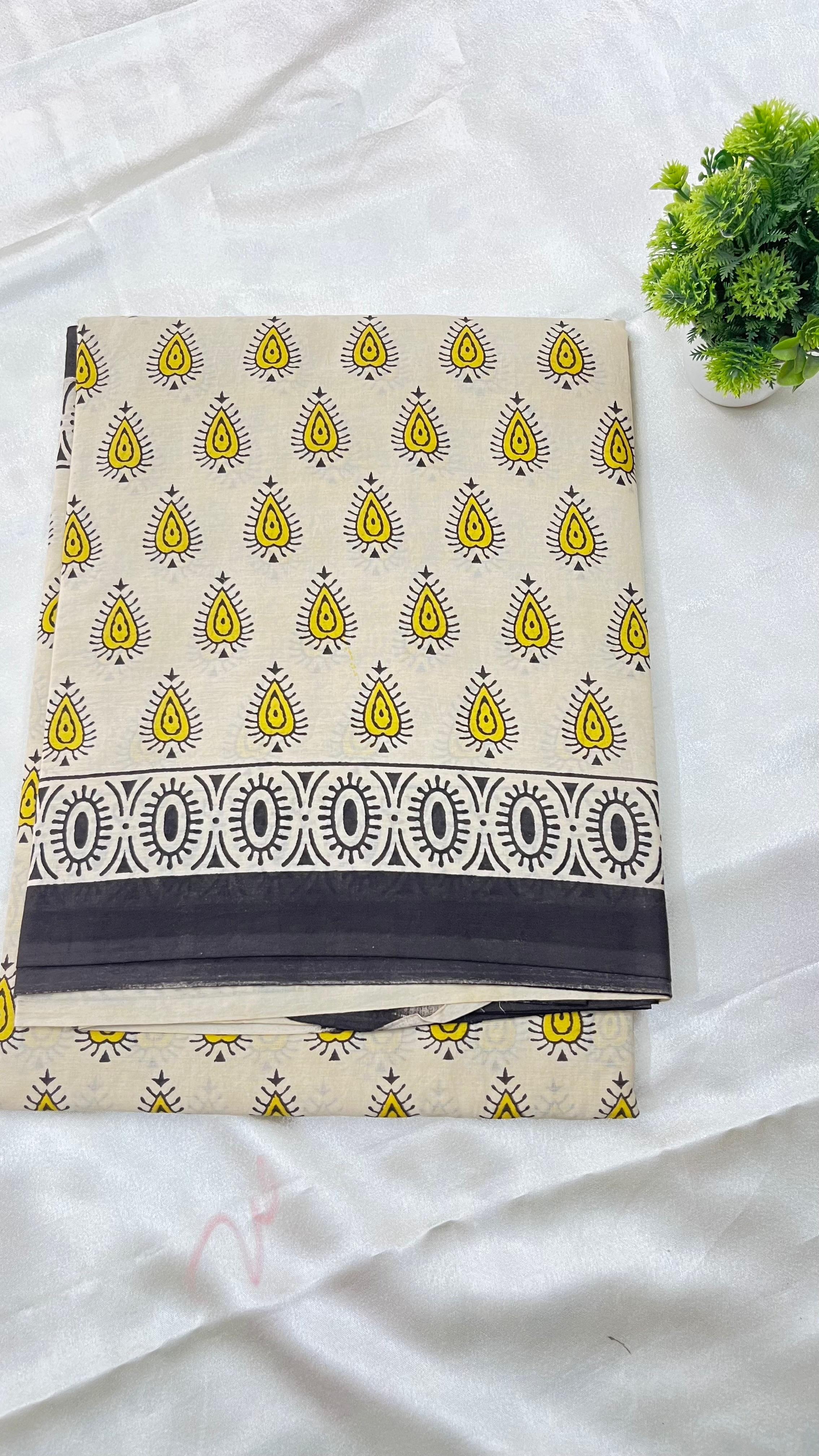Yellow Buti Handblock Mul Saree