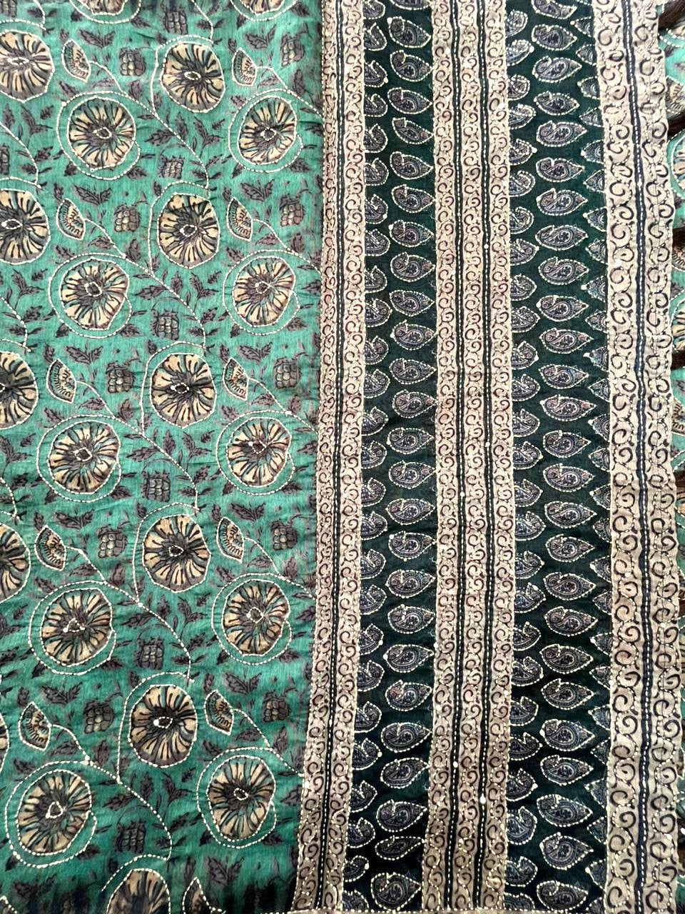 Green Kantha Work Cotton Saree