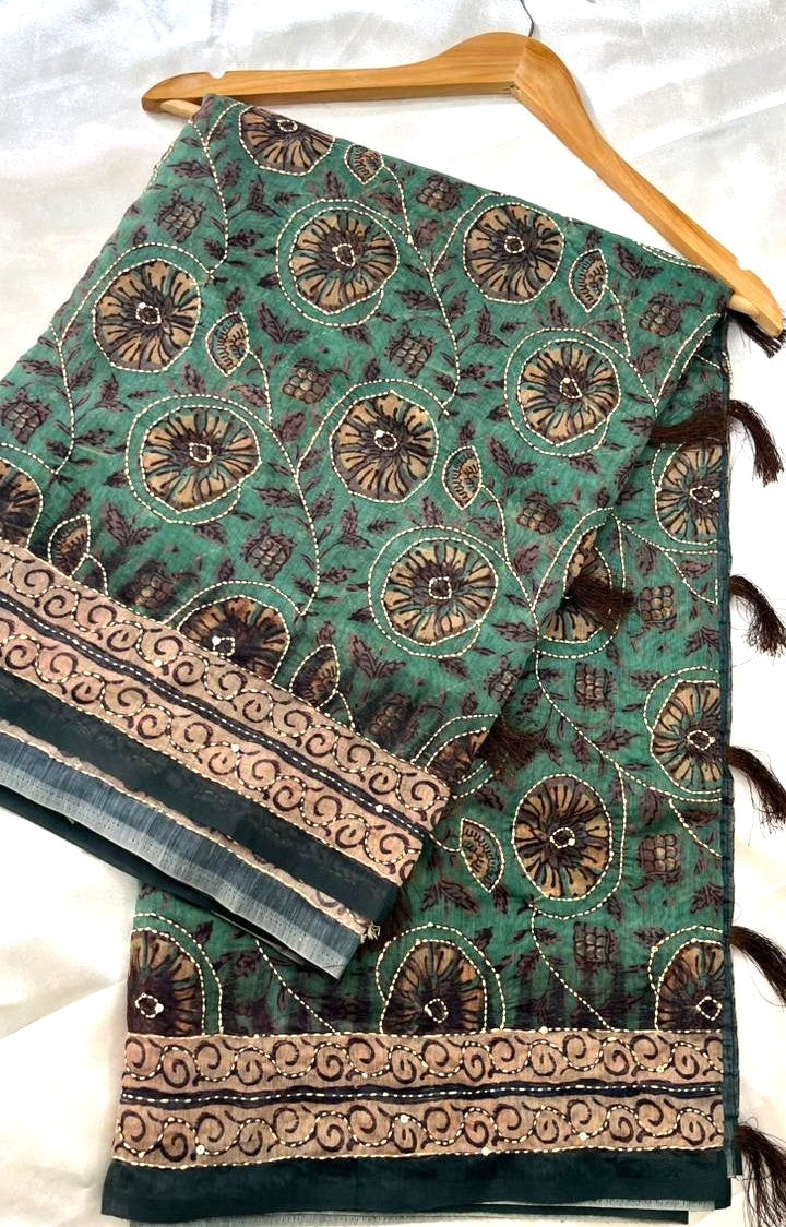 Green Kantha Work Cotton Saree